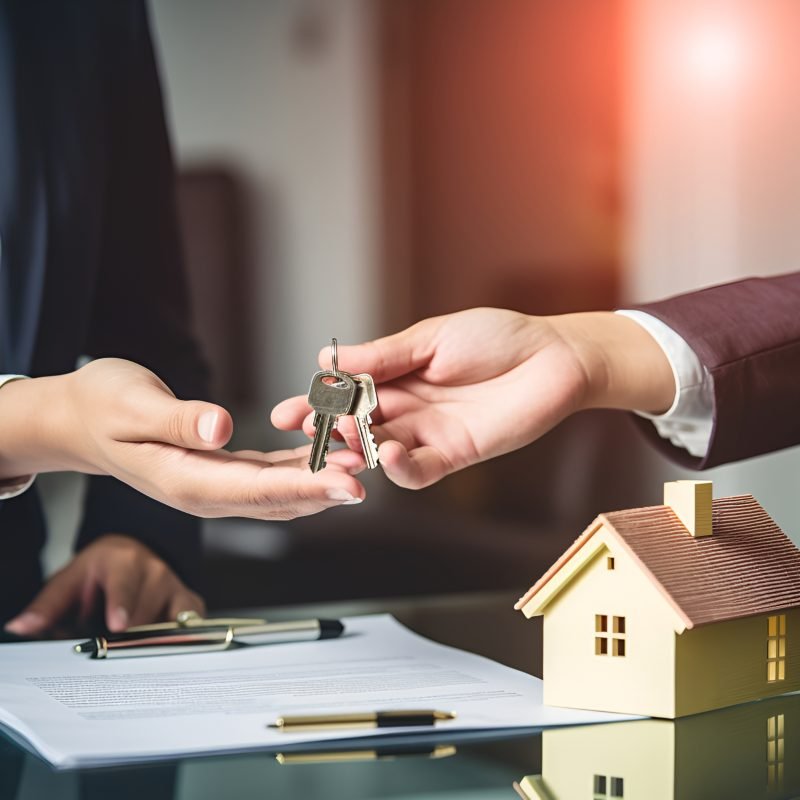 Real estate agent hands over the keys to the new owner after signing the contract and completing the financial transaction